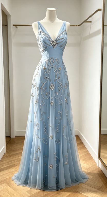 Chic Pale Blue Prom Dress V-neck Sheath Chiffon Beaded Long Evening Dress DQ006