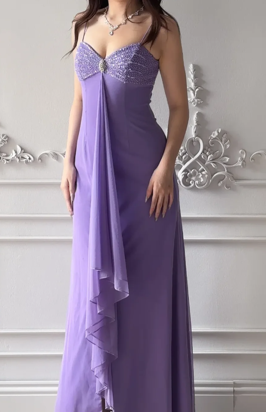 Chic Purple Prom Dress Spaghetti Straps Sheath Chiffon Long Evening Dress DQ011