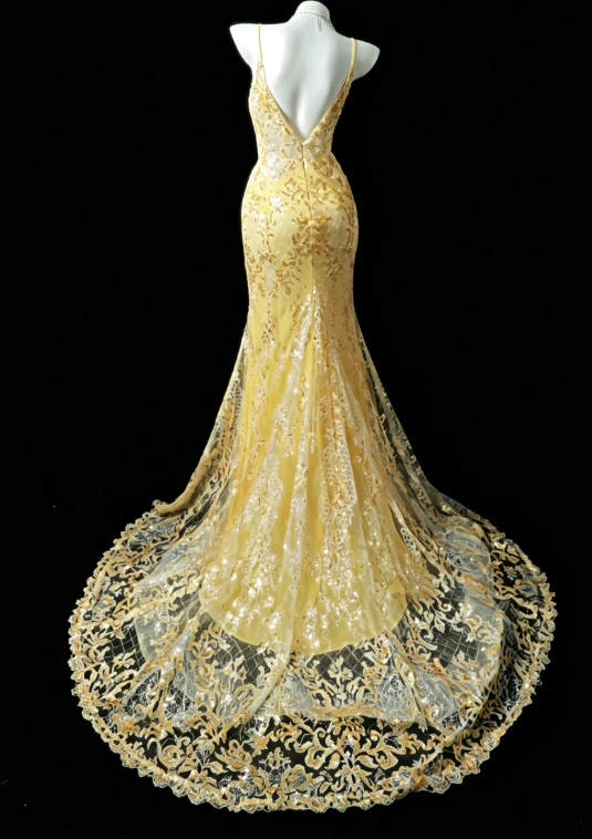 Chic Yellow Prom Dress Spaghetti Strapless Sheath Tulle Appliques Long Evening Dress DQ013