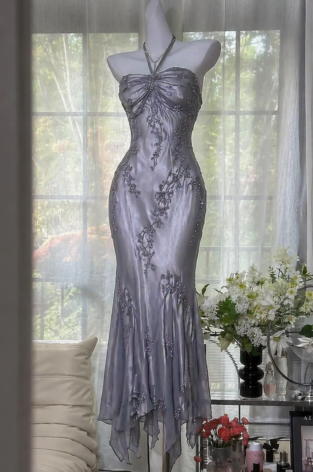 Gorgeous Halter Sheath Chiffon Beaded Long Evening Dress Gray Prom Dre – DivineProm