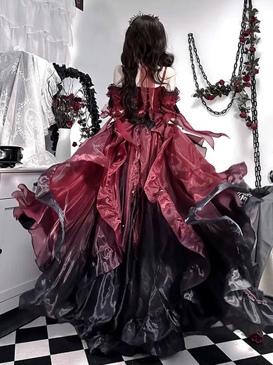 Princess Ball Gown Off The Shoulder Short Sleeves Ombre Burgundy Floral 16th Chiffon Birthday Dress Lolita Dress 18th Birthday Outfits W1198