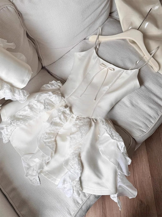 Simple A line Spaghetti Straps White Short Satin Formal Homecoming Dresses Party Graduation Dress Hoco Dresses DH2754
