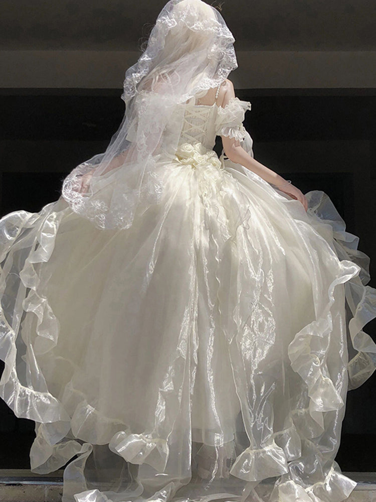Princess Ball Gown Off The Shoulder Short Sleeves Ivory Floral 16th Chiffon Birthday Dress Lolita Dress 18th Birthday Outfits W1201
