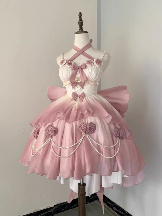 Vintage Ball Gown Spaghetti Straps Short Chiffon Summer 18th Birthday Dress High Low Ombre Pink Pearls Lolita Dress Birthday Outfits W1232