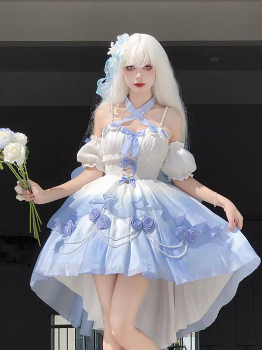 Vintage Ball Gown Spaghetti Straps Short Chiffon Summer 18th Birthday Dress High Low Ombre Blue Pearls Lolita Dress Birthday Outfits W1241