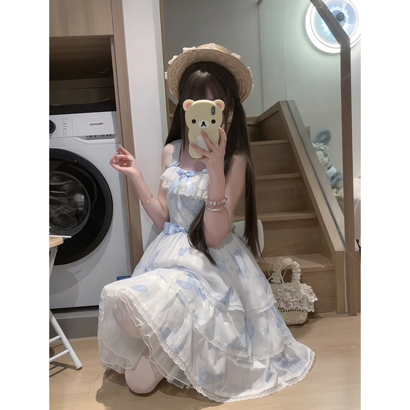 Vintage Ball Gown Square Neck White Blue Short Summer 18th Birthday Dress Lolita Dress Birthday Outfits W1237