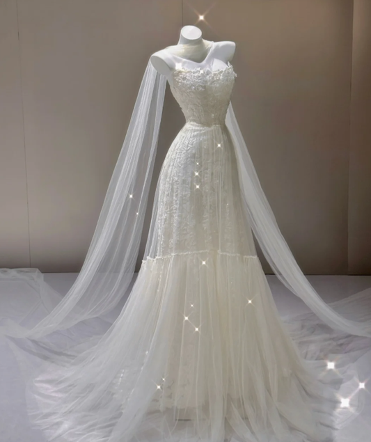 Elegante A-Linie Trägerloses Weißes Spitzen Ärmelloses Langes Brautkleid Brautkleid P0014