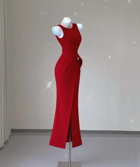 Edles Meerjungfrau Juwel Rot Satin Schlitz Abendkleid Lange Ballkleider P0021