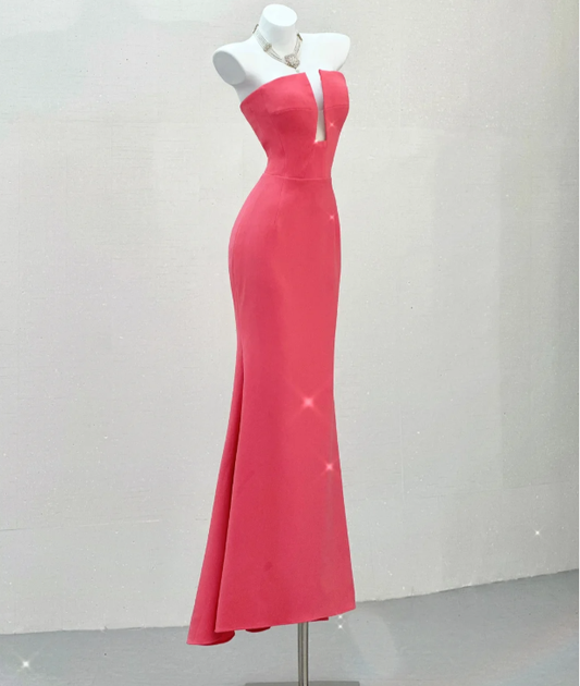 Elegantes Meerjungfrau-Abendkleid aus trägerlosem rosa Satin, langes Ballkleid P0022