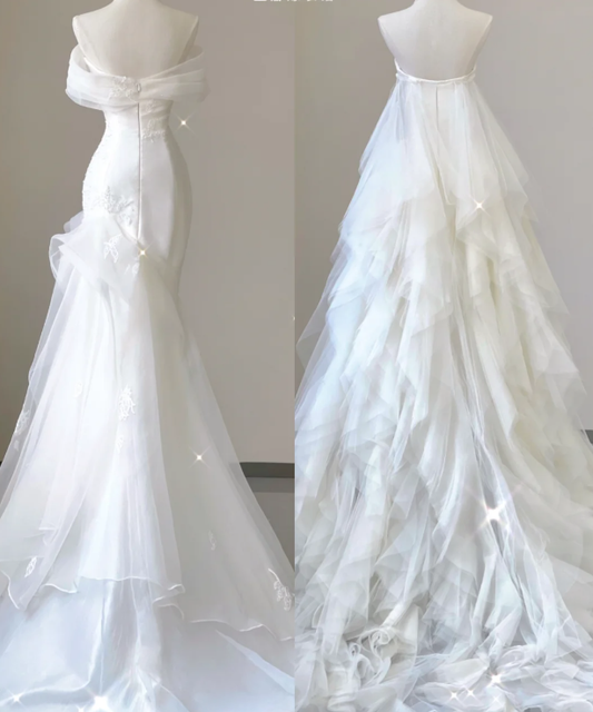 Einzigartige Meerjungfrau Off The Shoulder Weiß Tüll Sweep Zug Brautkleider Brautkleider P0029