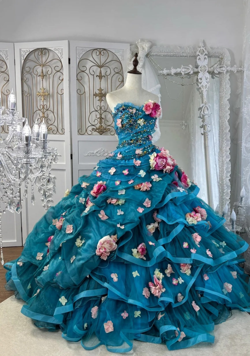 Feenblaues, trägerloses A-Linien-Abendkleid aus Tüll, S1049