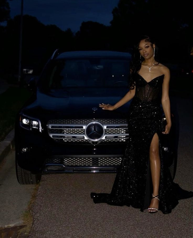 Pretty Sparkly Mermaid Strapless Black Prom Dress With Slit Graduation Dress D2529