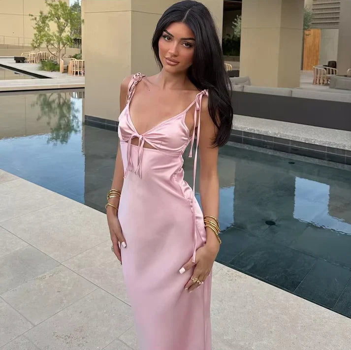 Sexy Sheath Straps Pink Satin Long Birthday Dress Birthday Outfits Graduation Dresses D2589