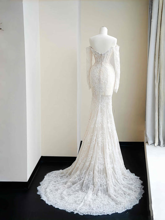 Pretty Bridal Gown Mermaid Off The Shoulder Lace White Long Wedding Dresses Modest Bridal Gowns D2717
