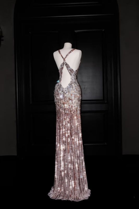Wunderschöne Meerjungfrau V-Ausschnitt Rosa Pailletten Langes Ballkleid Partykleid Abschlusskleider D2736