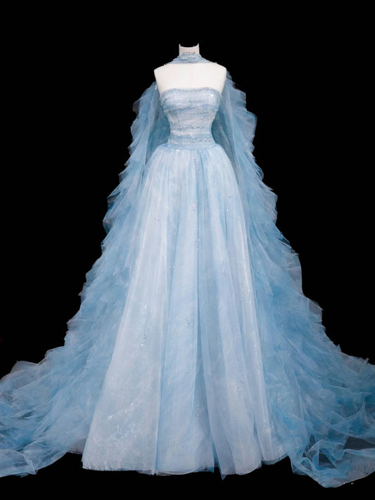 Bescheidenes Ballkleid Trägerlos Blau Tüll Langes Ballkleid Partykleid Abschlusskleider D2739