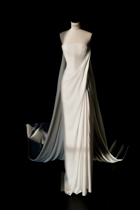 Simple Bridal Gown Sheath Strapless White Lace Floor Length Wedding Dresses Minimalist Bridal Gowns D2740