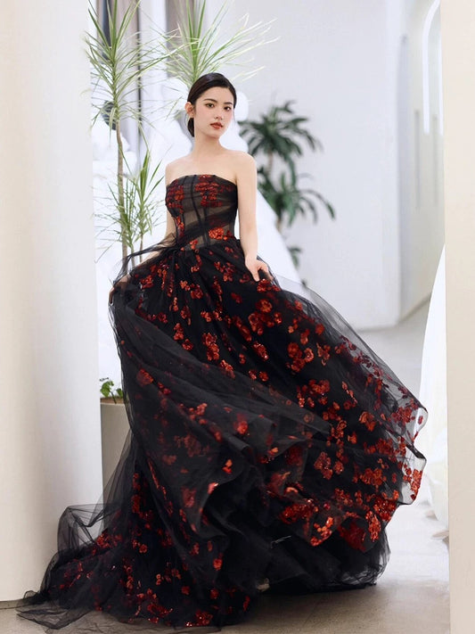 Edles Ballkleid Trägerloses Tüll Schwarzes Abendkleid Langes Ballkleid H2863