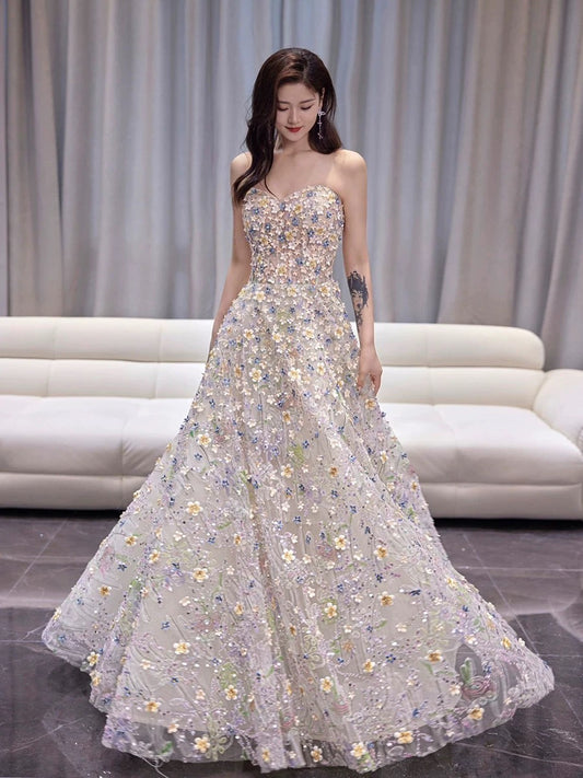 Edel Elegante Ballkleid Liebsten Weiß Blumen Tüll Lange Ballkleider H2895