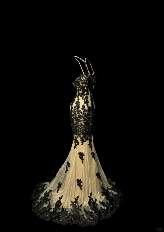 Vintage Classy Mermaid Spaghetti-Trägern Champagner Tüll Spitze Langes Abendkleid Ballkleider H2972