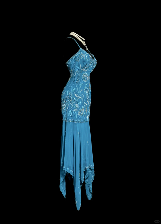 Edel Elegant Etui Spaghettiträger Blau Perlenbesetzt Ärmelloses Chiffon Abendkleid H2977