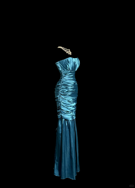 Vintage Classy Mermaid Trägerlosen Blau Satin Ärmelloses Gefaltetes Langes Abendkleid Ballkleider H2978