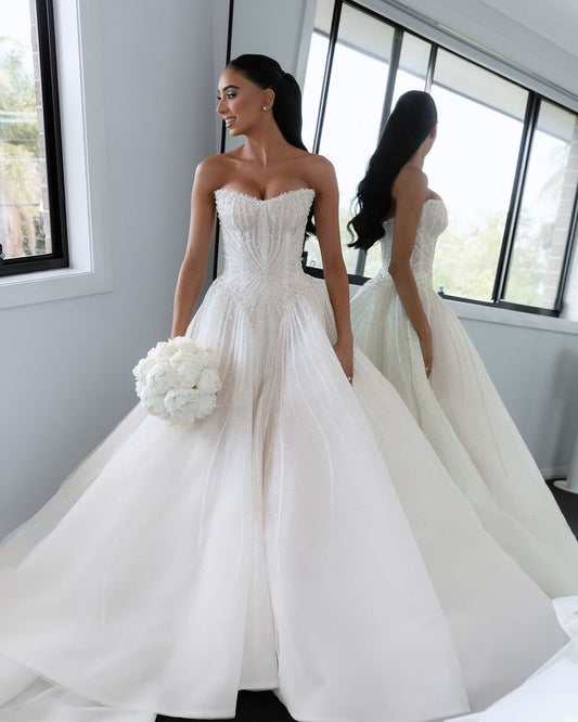 Pretty Wedding Dress Ball Gown Strapless Sequin White Wedding Dresses Bridal Gowns W0142