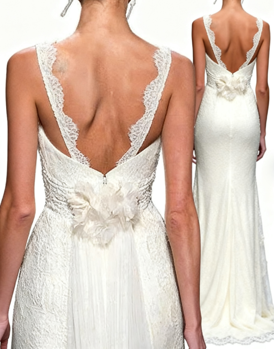 Hübsches Hochzeitskleid Meerjungfrau V-Ausschnitt Spitze Sommer Weiß Brautkleider Brautkleider W0150