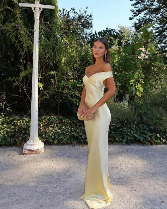 Simple Sheath Off The Shoulder Yellow Long Prom Dresses Formal Summer Wedding Guest Dresses Wedding Guest Outfit W0239