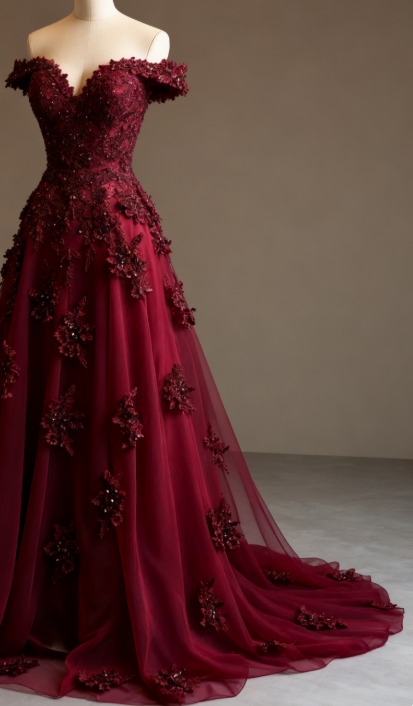 Hübsches Ballkleid Weg Von Der Schulter Burgund Tüll Lange Quinceanera Kleid Formale Blumen Vestido De 15 Anos Süße 16 Kleid W0308
