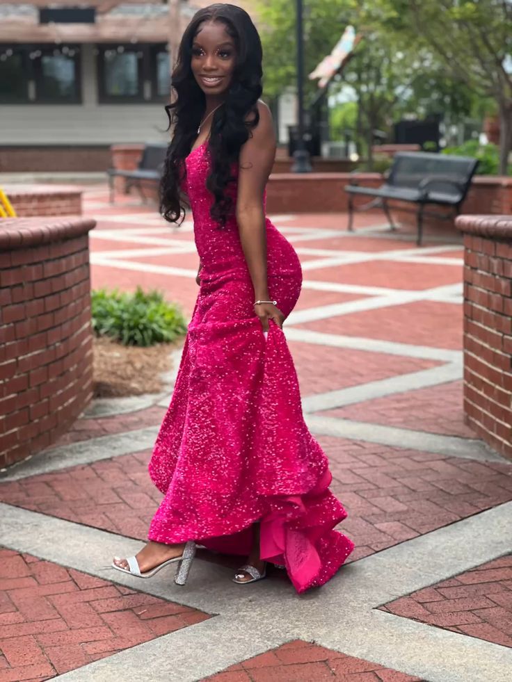 Classy Mermaid Spaghettiträger Hot Pink Pailletten Lange Ballkleider Partykleid Schwarze Mädchen Outfits Abschlusskleider W0393