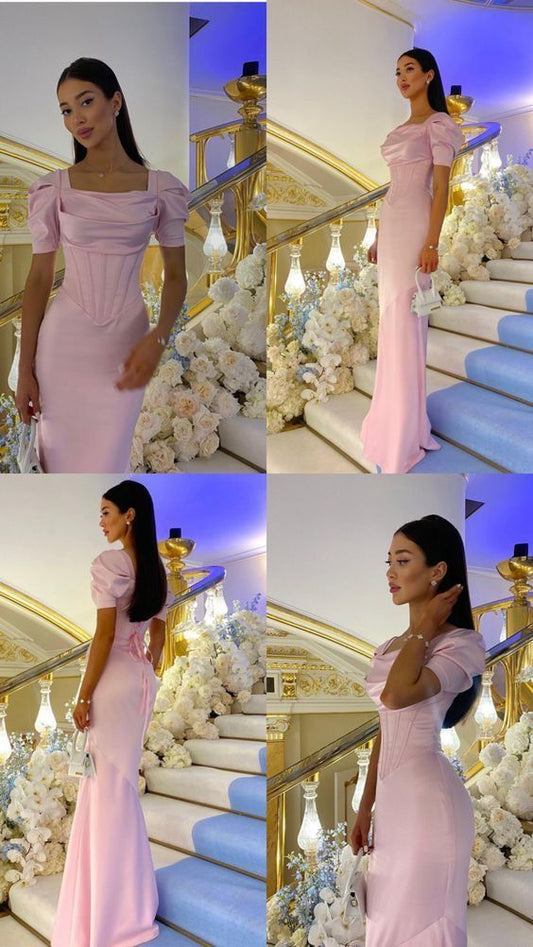 Classy Sheath Square Neck Ruffles Satin Long Prom Gown Summer Wedding Guest Dress Bridal Guest Dresses Wedding Outfits For Guest W0708