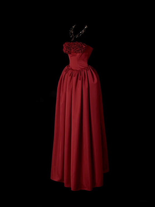 Edles Ballkleid Trägerlos Burgund Satin Ärmellos Lange Ballkleider Partykleid Geburtstags-Outfits Abschlusskleider W0743