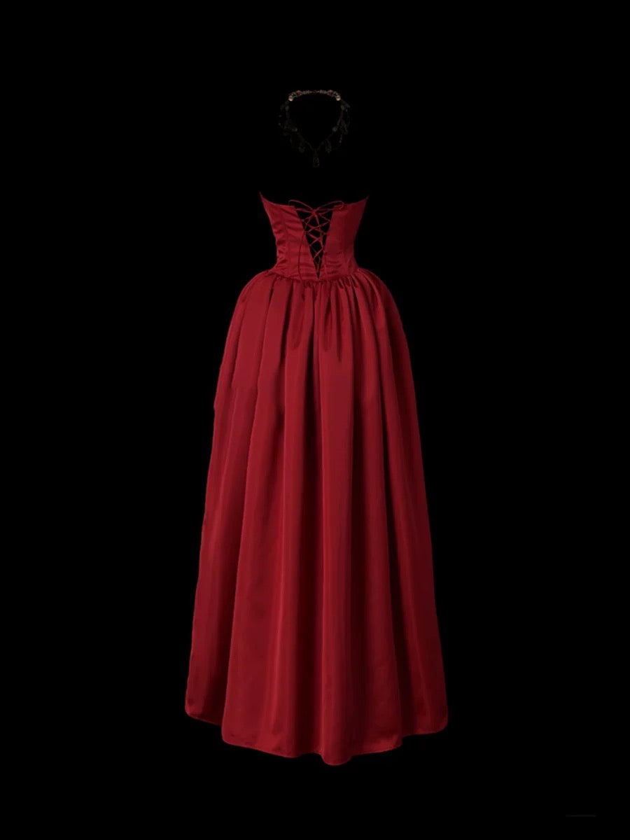 Edles Ballkleid Trägerlos Burgund Satin Ärmellos Lange Ballkleider Partykleid Geburtstags-Outfits Abschlusskleider W0743