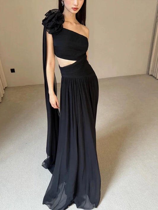 Classy A line One Shoulder Black Chiffon Long Prom Gown Summer Wedding Guest Dress Bridal Guest Dresses Wedding Outfits For Guest W0756