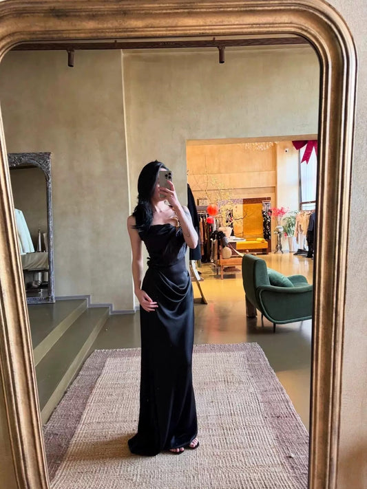 Classy Mermaid One Shoulder Schwarz Satin Lange Ballkleider Partykleid Geburtstags-Outfits Abschlusskleider W0763