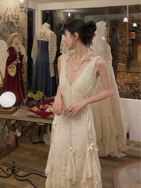 Vintage Wedding Dress A line V Neck Lace Ivory Summer Beach Long Wedding Dresses Bridal Gowns W0765