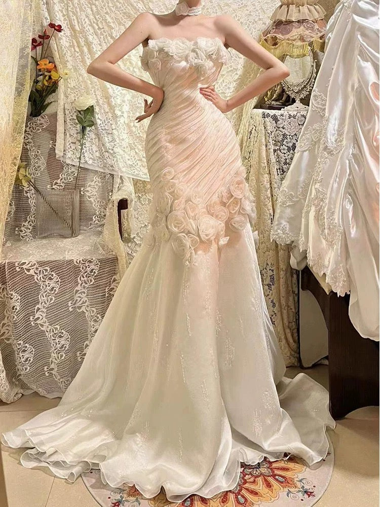 Retro Brautkleid Meerjungfrau Trägerlosen Chiffon Weißen Blumen Lange Brautkleider Sommer Bräute Kleid Brautkleider W0770