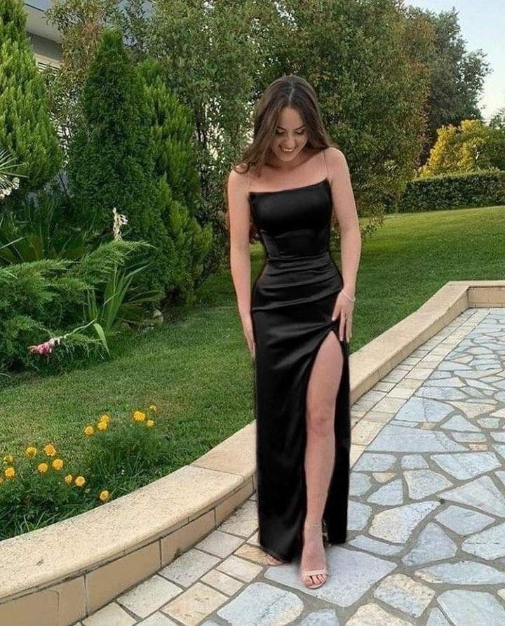 Phantasie Meerjungfrau Spaghettiträger Schwarz Schlitz Formales Abendkleid Sommer Hochzeitsgastkleid Brautgastkleider Hochzeits-Outfits für Gäste W1065