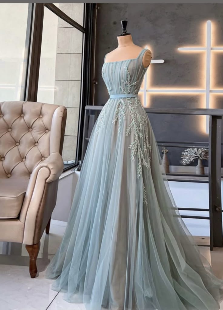 Classy A Line Square Neck Sleeveless Light Sky Blue Tulle Formal Long Prom Gown Summer Wedding Guest Dress Bridal Guest Dresses Wedding Outfits For Guest W1081
