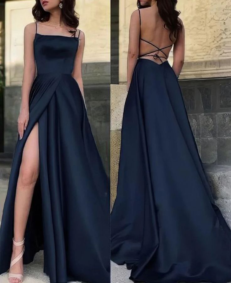 Edle A-Linie Spaghettiträger Marineblau Schlitz Formales Ballkleid Sommer Hochzeitsgastkleid Brautgastkleider Hochzeits-Outfits für Gäste W1086