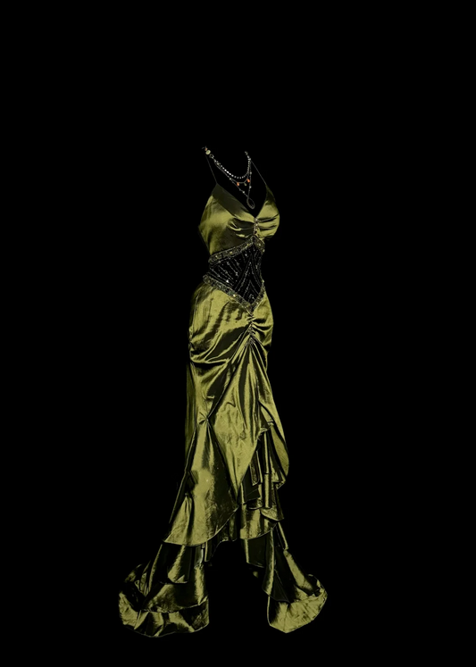 Robe de bal longue en satin style sirène vintage vert olive, col licou, style rétro années 1950, tenue de soirée pour 21e anniversaire, robe de remise de diplôme, W852
