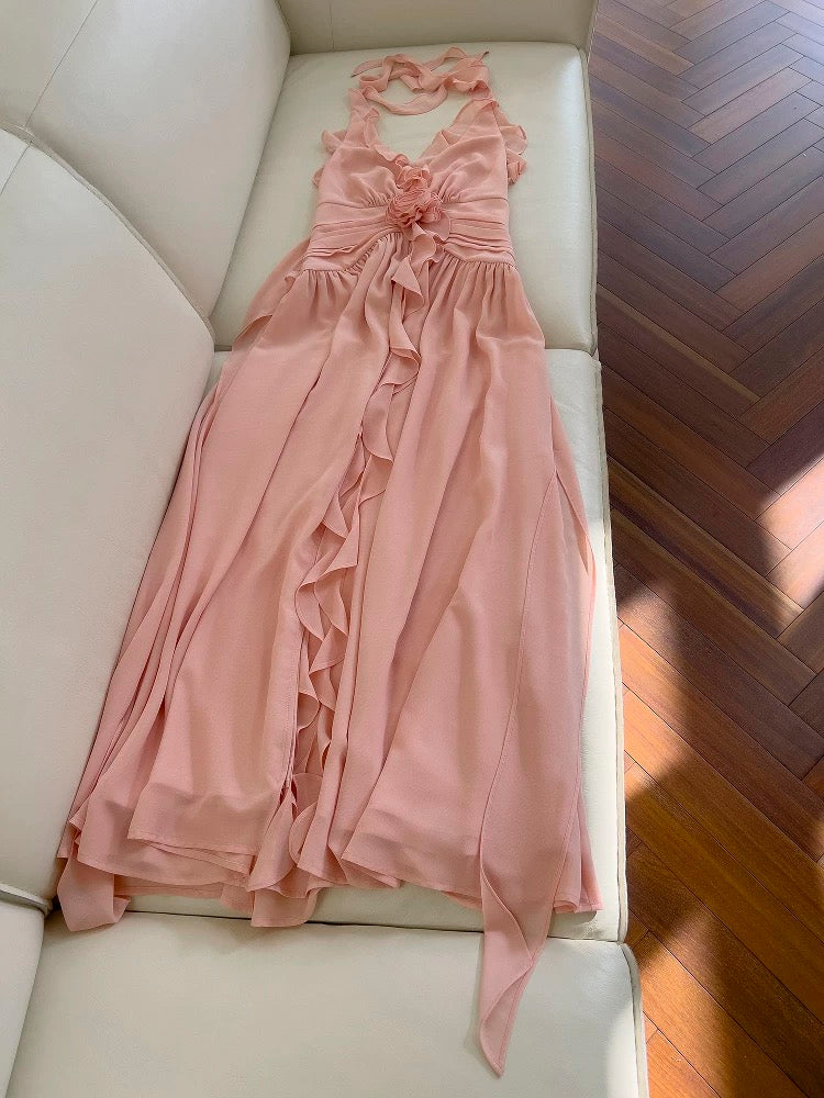 Elegante A-Linie Erröten Rosa Ärmelloses Chiffon Lange Abendkleider Partykleider Abendkleider Abendkleid W890