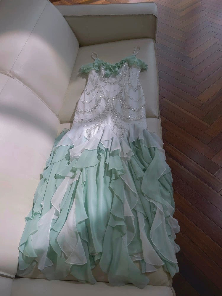 Elegante Meerjungfrau Spaghettiträger Ärmelloses Chiffon Lange Abendkleider Partykleider Abendkleider Abendkleid W893
