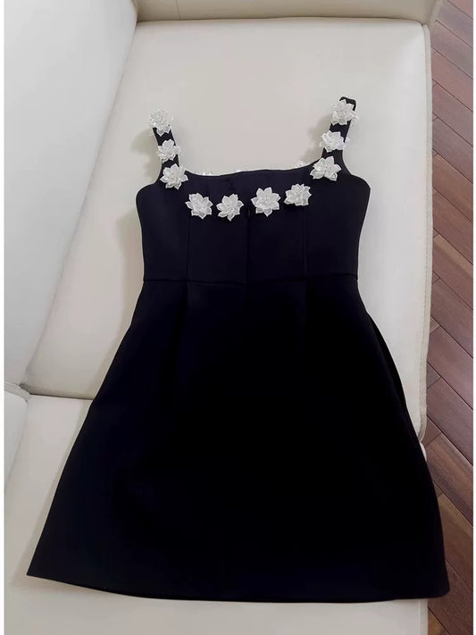 Trendy A Line Square Neck Floral Black Satin Formal Short 8th Grade Homecoming Dress Summer Middle School Hoco Dresses Birthday Outfits W930