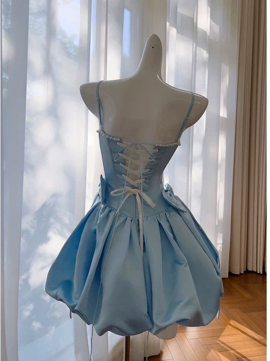 Trendy Ball Gown Spaghetti Straps Blue Satin Sleeveless Formal Short 8th Grade Homecoming Dress Summer Middle School Hoco Dresses Cocktail Dress Birthday Outfits W940