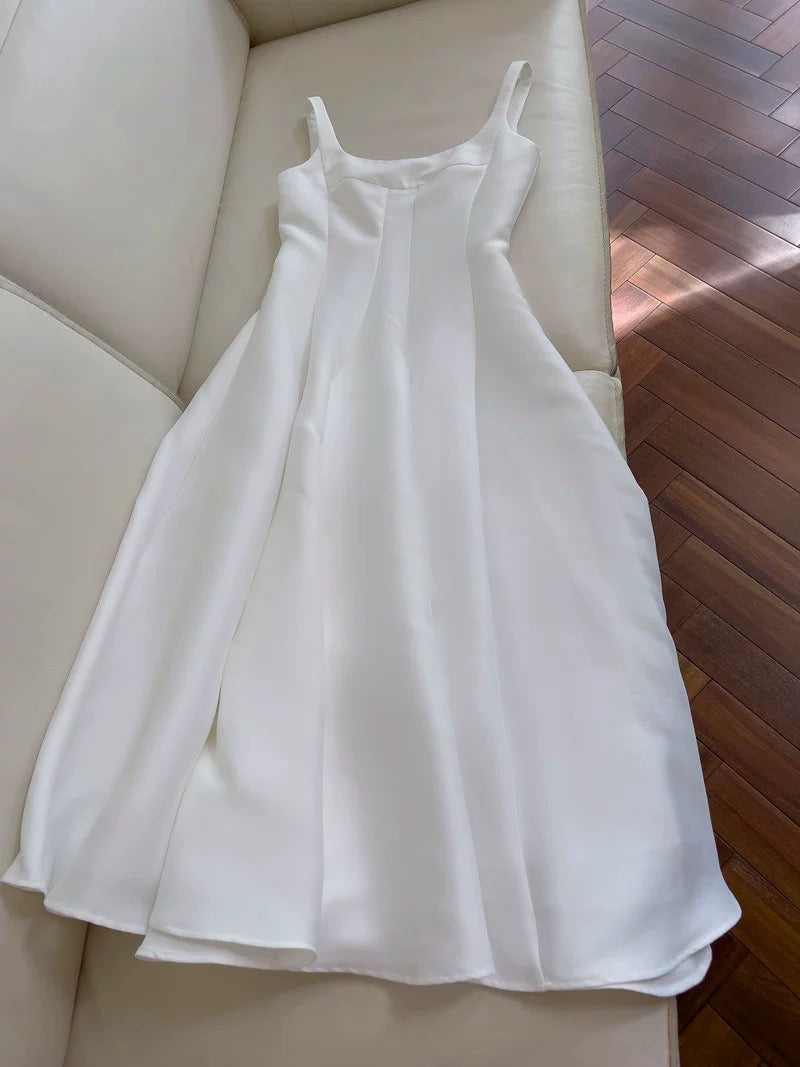 Elegante A-Linie Square Neck Satin Ärmellos Lange Abendkleider Partykleider Abendkleider Ballkleid W960