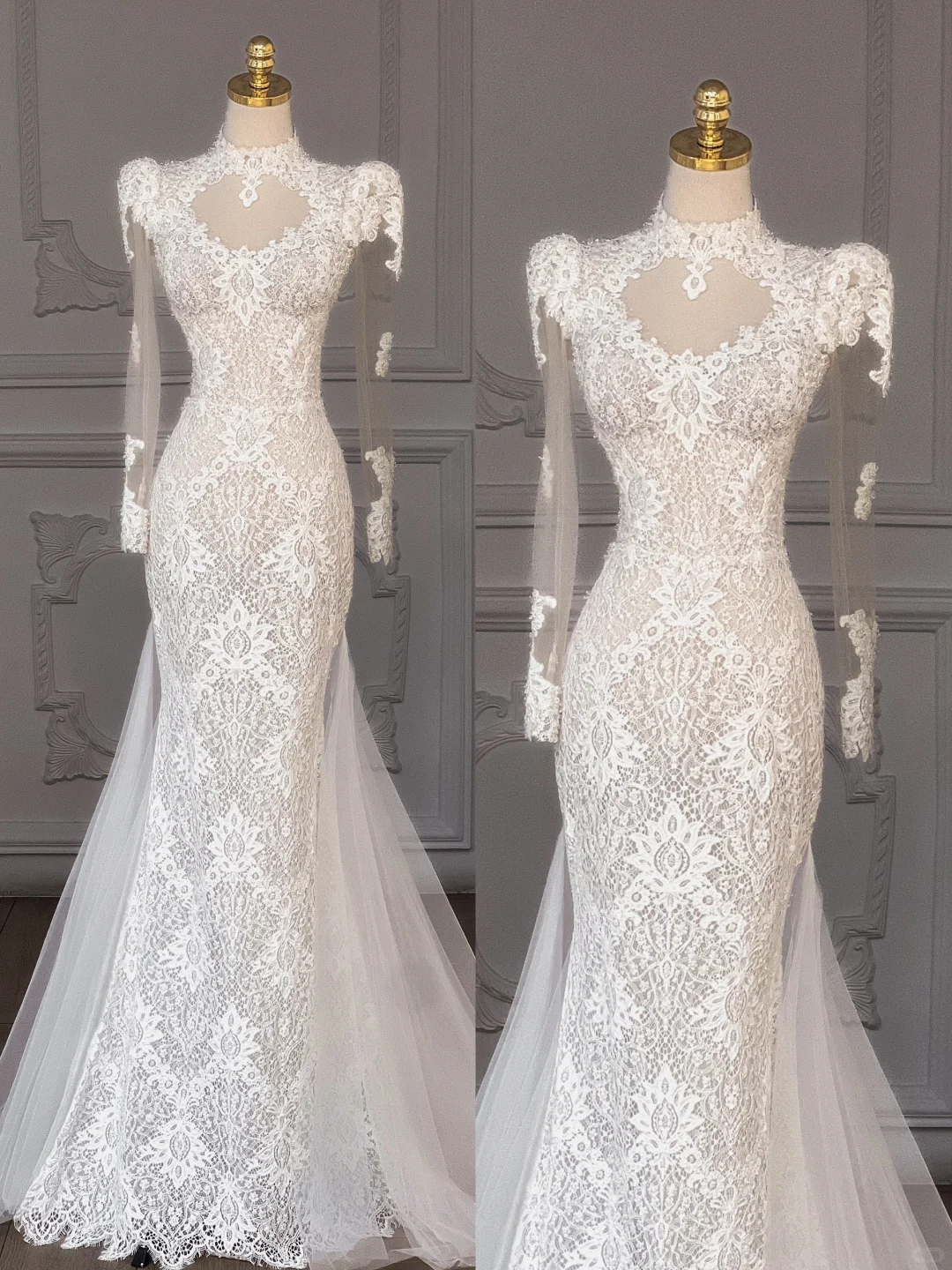 Hübsches Hochzeitskleid Meerjungfrau mit langen Ärmeln Spitze Sommer weiße Brautkleider Brautkleider WD022