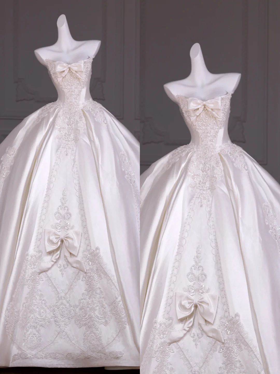 Hübsches Brautkleid Ballkleid Trägerloses Satin Lange Applikationen Weiße Brautkleider Brautkleider Mit Bogenknoten WD031