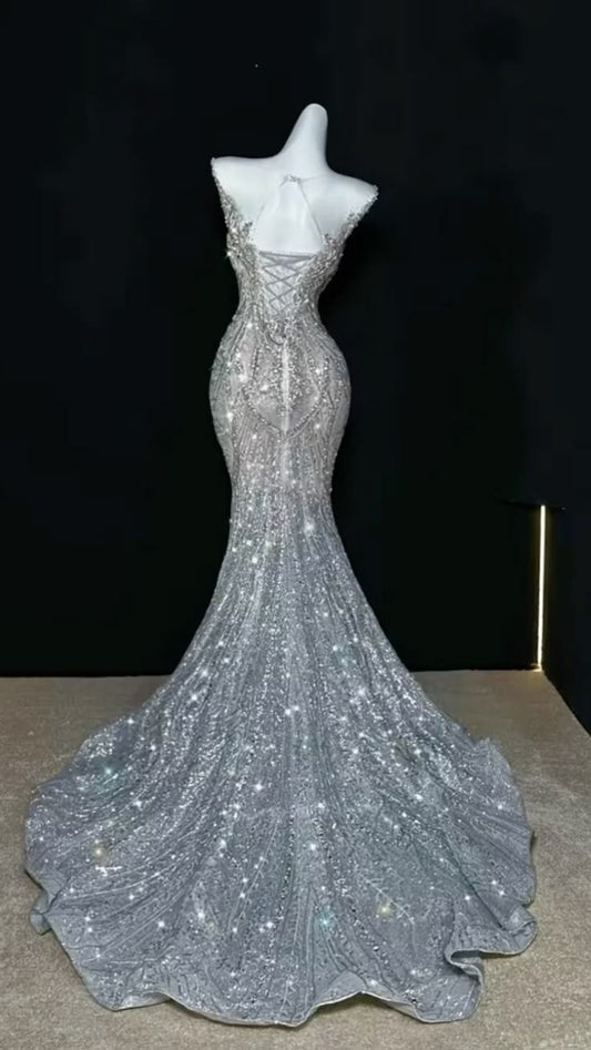 Sparkly Wedding Dress Mermaid Scoop Sequin Long Silver Wedding Dresses Brides Dress Bridal Gowns WD050